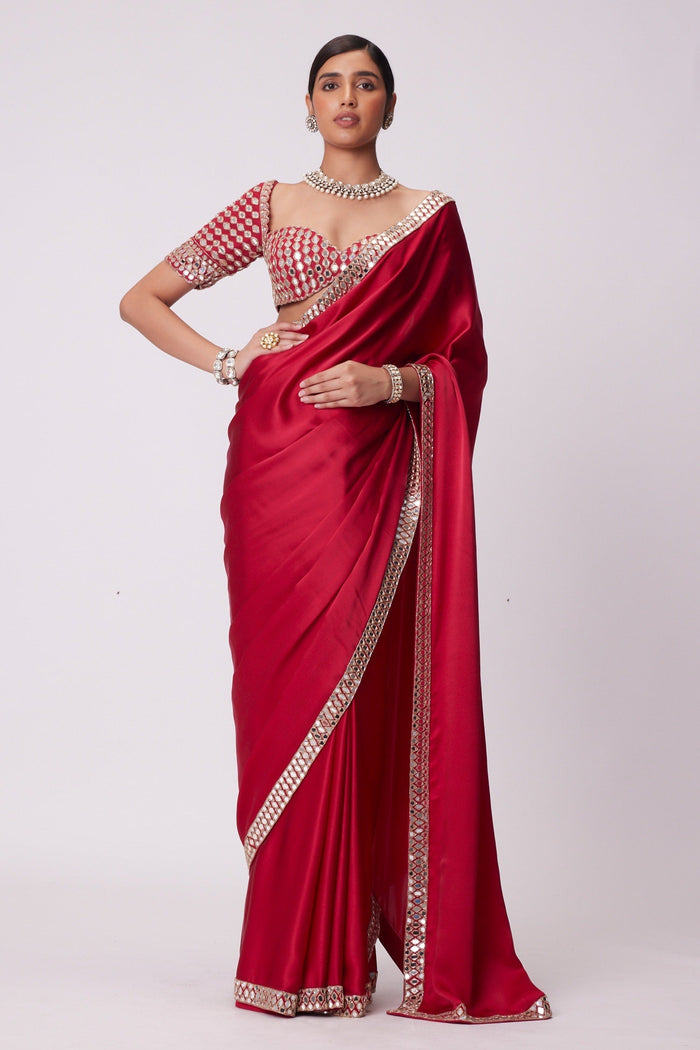 Beautiful Red satin silk With Embroidery Lace and Real Mirror Blouse