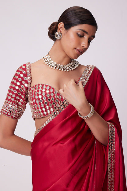 Beautiful Red satin silk With Embroidery Lace and Real Mirror Blouse
