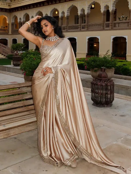 Beautiful Pure satin silk With Embroidery Lace and Real Mirror Blouse