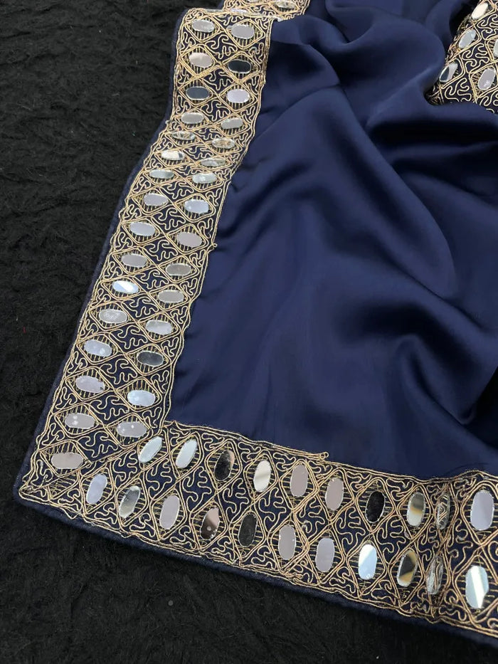 Beautiful Teal Blue Pure satin silk With Embroidery Lace and Real Mirror Blouse