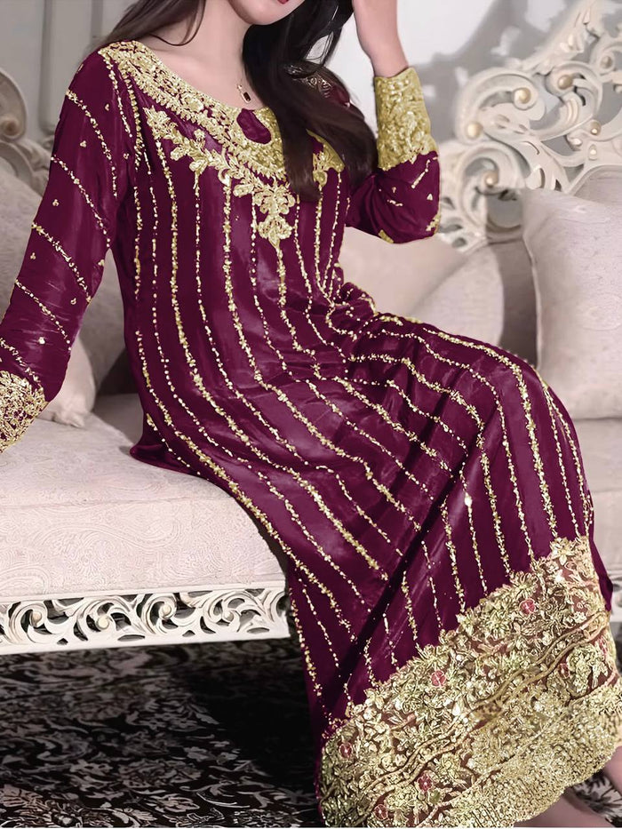 Fashion Cave Pur Chinon Silk Maroon Ready Made Top Palazzo & Dupatta Set,