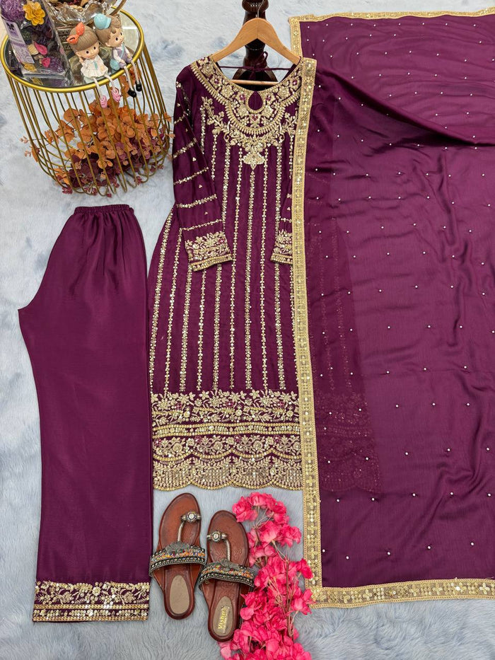 Fashion Cave Pur Chinon Silk Maroon Ready Made Top Palazzo & Dupatta Set,