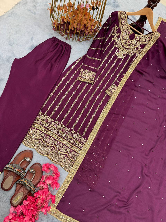 Fashion Cave Pur Chinon Silk Maroon Ready Made Top Palazzo & Dupatta Set,