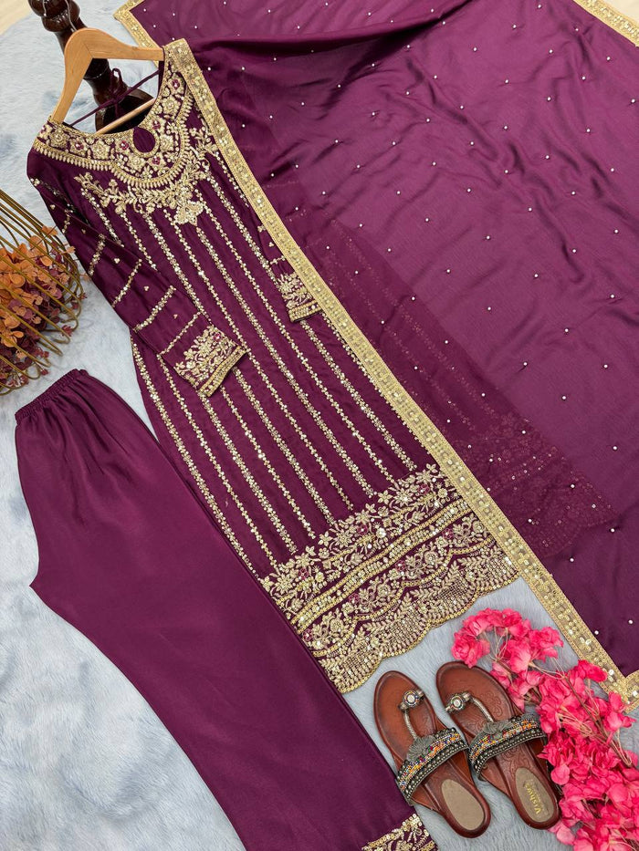 Fashion Cave Pur Chinon Silk Maroon Ready Made Top Palazzo & Dupatta Set,