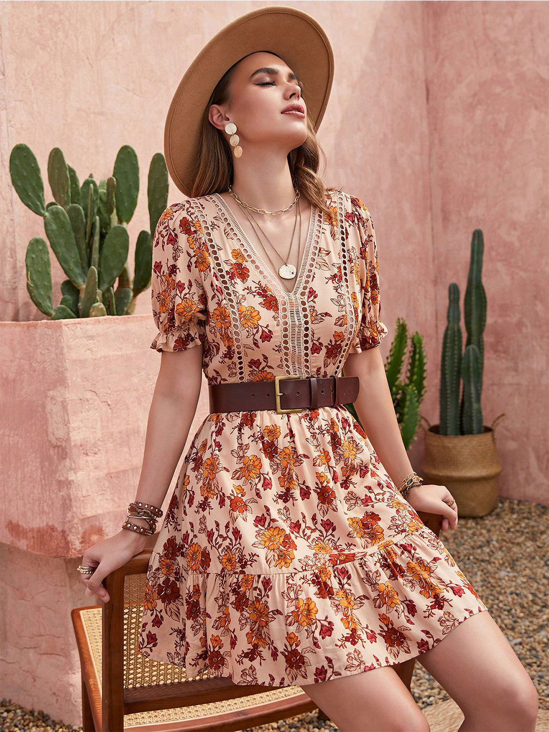 Floral V-Neck Ruffle Hem Mini Dress | Fashion Cave USA