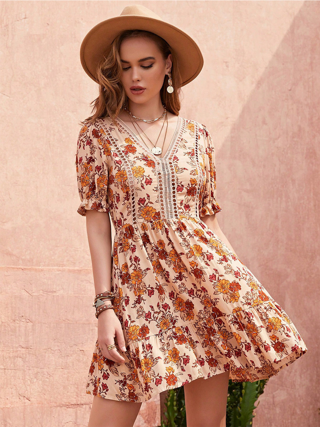Floral V-Neck Ruffle Hem Mini Dress | Fashion Cave USA