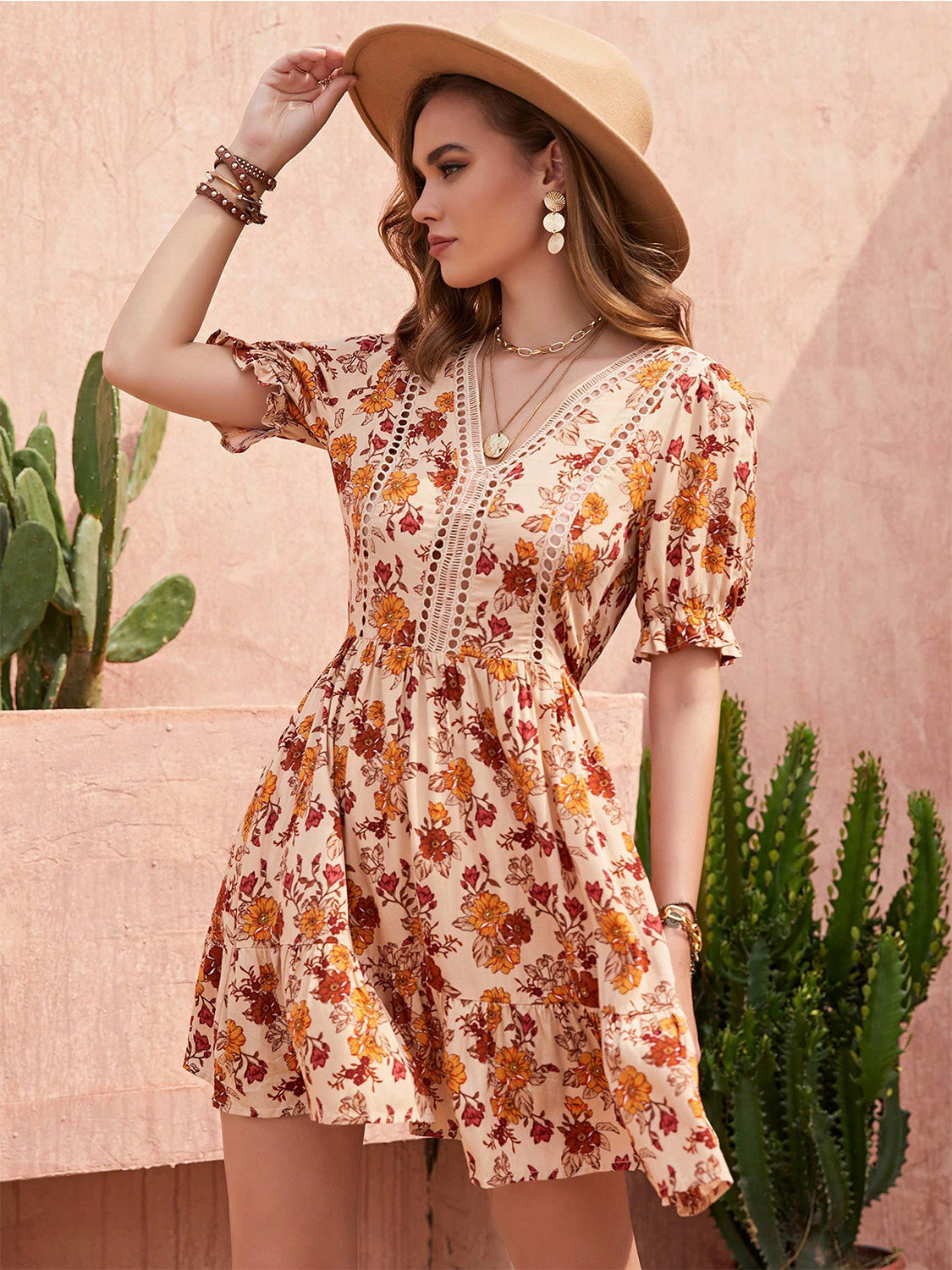 Floral V-Neck Ruffle Hem Mini Dress | Fashion Cave USA