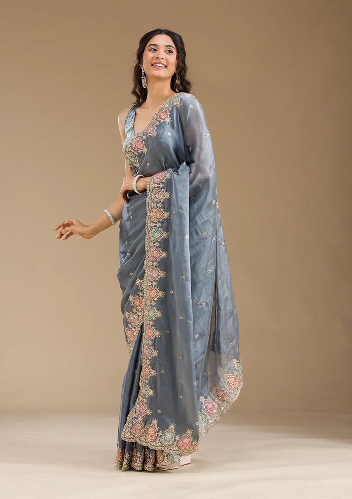 Fashion Cave Grey Zariwork Tissue Saree