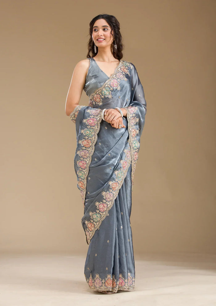 Fashion Cave Grey Zariwork Tissue Saree