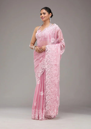 Fashion Cave Pink Stonework Tissue Saree