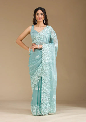 Fashion Cave Sea Green Stonework Tissue Saree