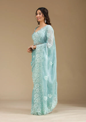 Fashion Cave Sea Green Stonework Tissue Saree