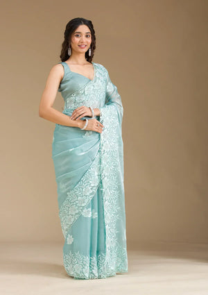 Fashion Cave Sea Green Stonework Tissue Saree