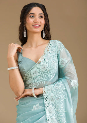 Fashion Cave Sea Green Stonework Tissue Saree