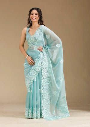 Fashion Cave Sea Green Stonework Tissue Saree