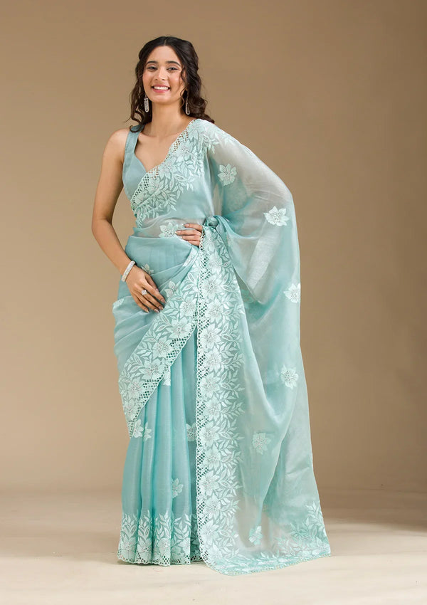 Fashion Cave Sea Green Stonework Tissue Saree