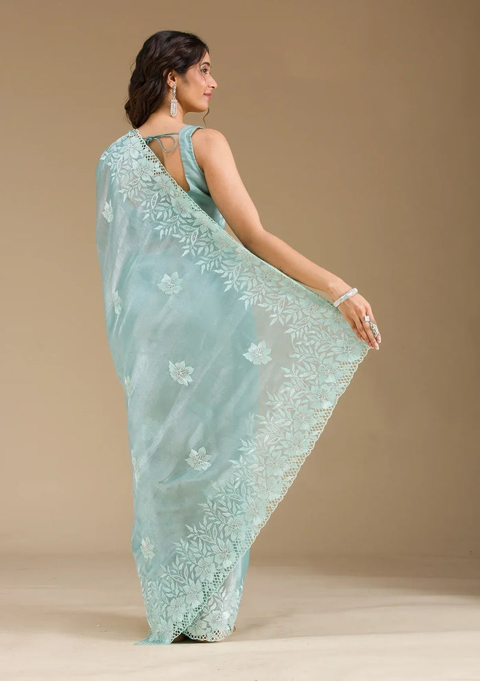 Fashion Cave Sea Green Stonework Tissue Saree