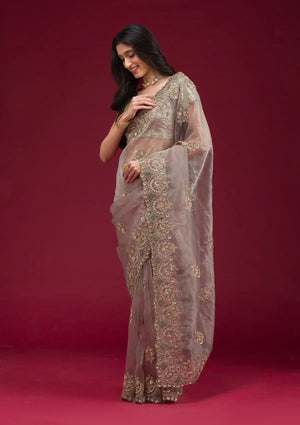 Fashion Cave Sea Green Sequins Tissue Saree