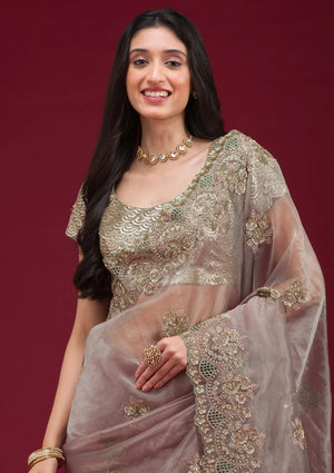 Fashion Cave Sea Green Sequins Tissue Saree
