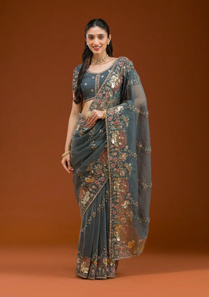 Fashion Cave Light Grey Sequins Tissue Saree