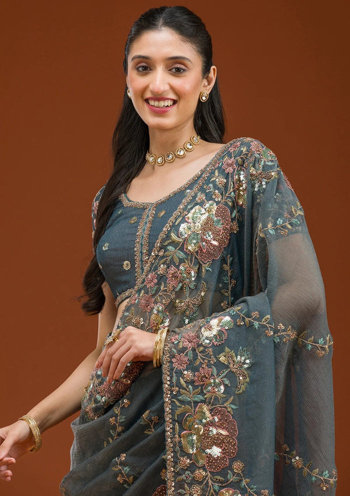 Fashion Cave Light Grey Sequins Tissue Saree