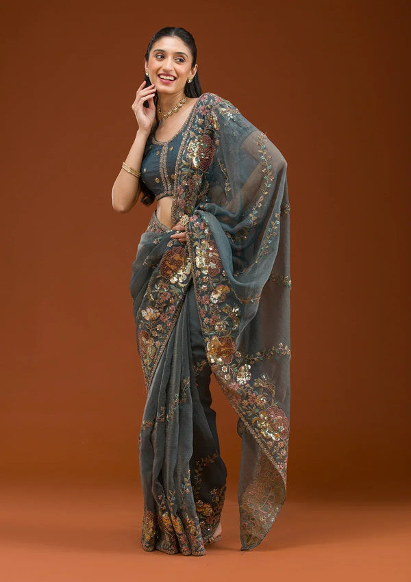 Fashion Cave Light Grey Sequins Tissue Saree