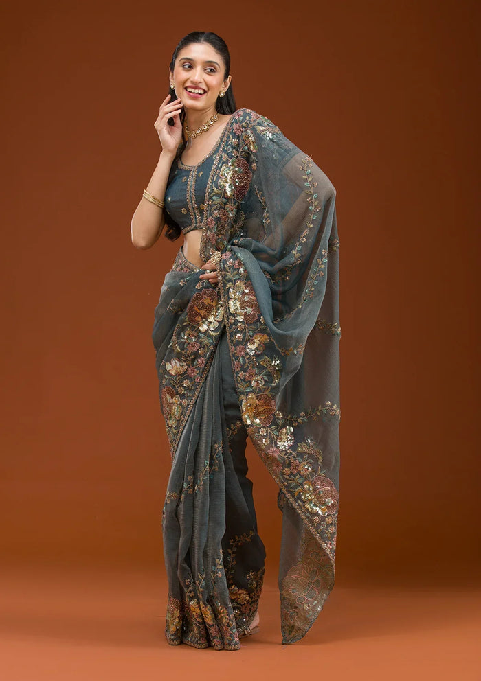 Fashion Cave Light Grey Sequins Tissue Saree