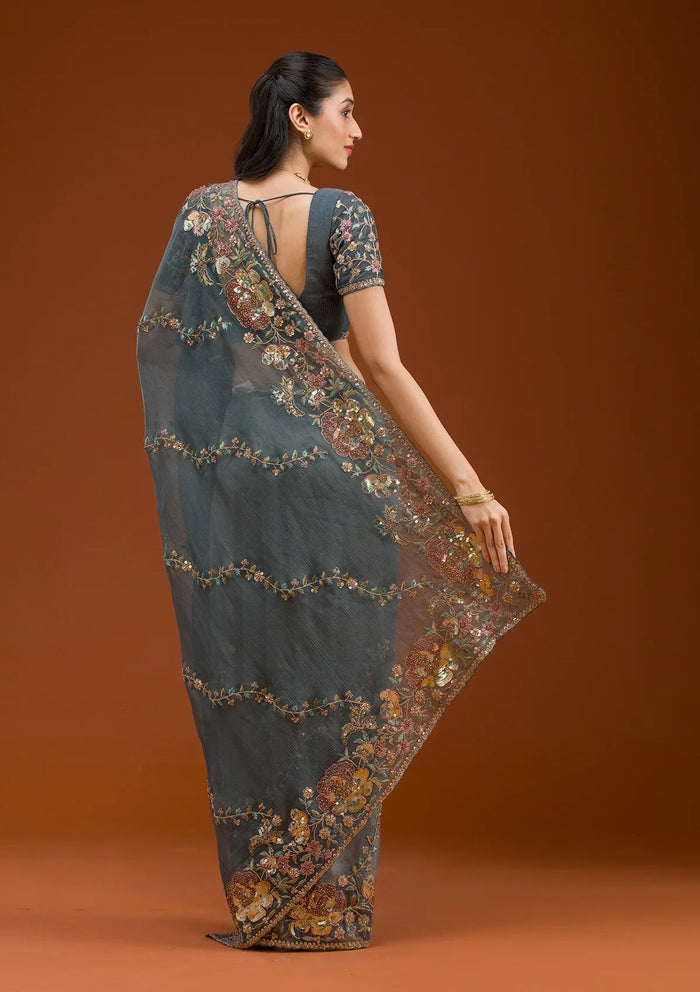 Fashion Cave Light Grey Sequins Tissue Saree