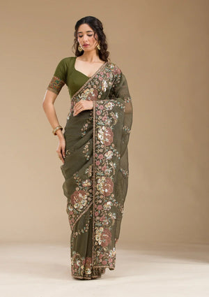 Fashion Cave Mehendi Sequins Tissue Saree