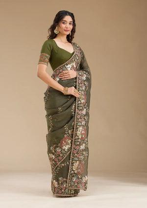 Fashion Cave Mehendi Sequins Tissue Saree