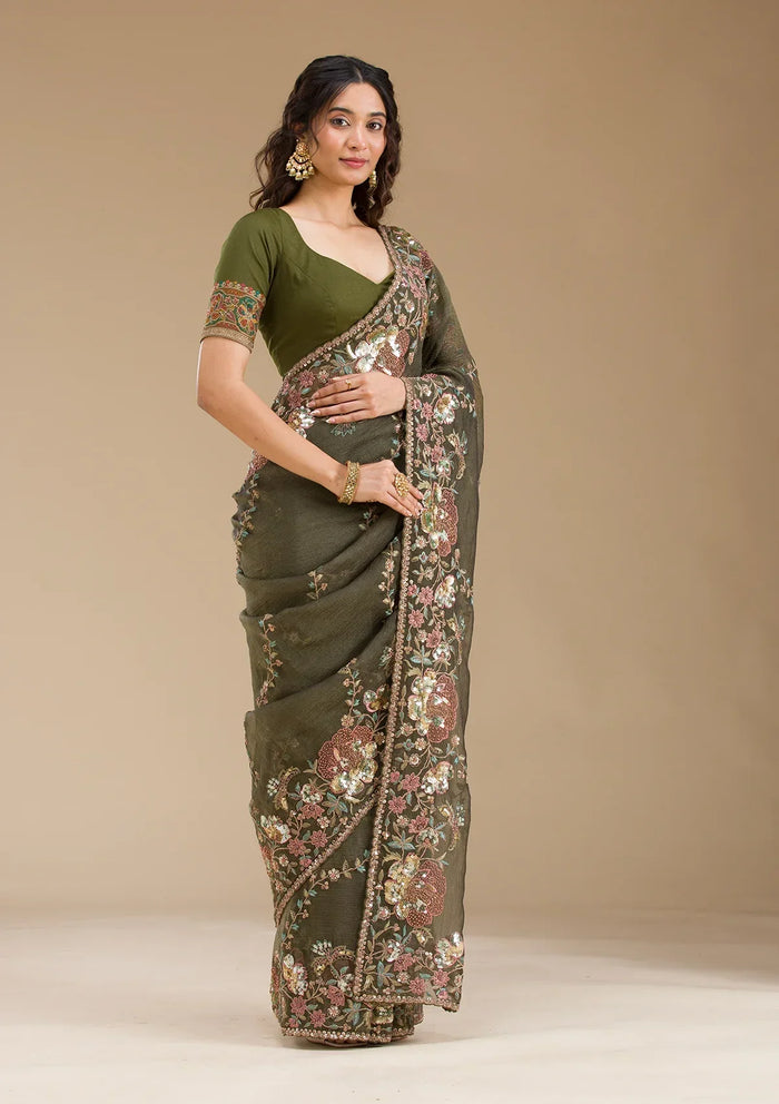 Fashion Cave Mehendi Sequins Tissue Saree