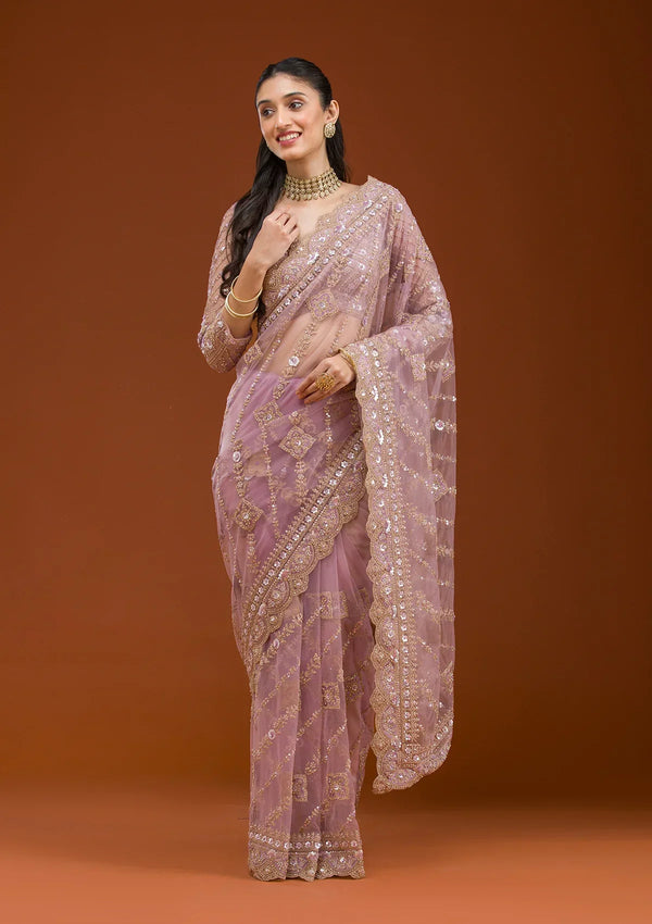 Fashion Cave Lavender Stonework Net Saree