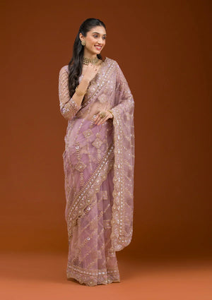 Fashion Cave Lavender Stonework Net Saree