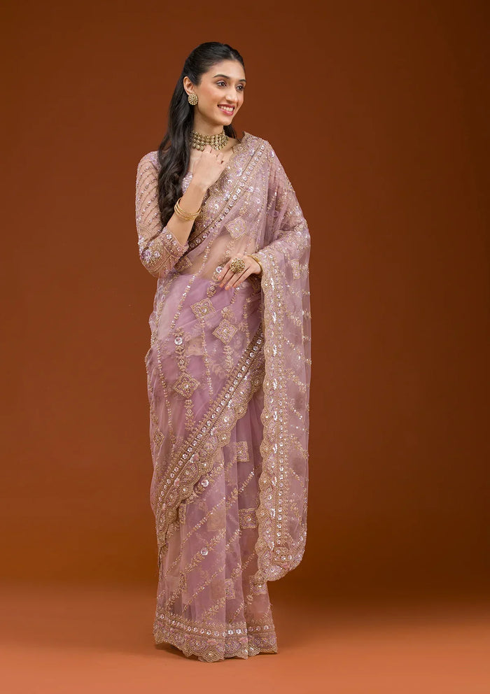Fashion Cave Lavender Stonework Net Saree