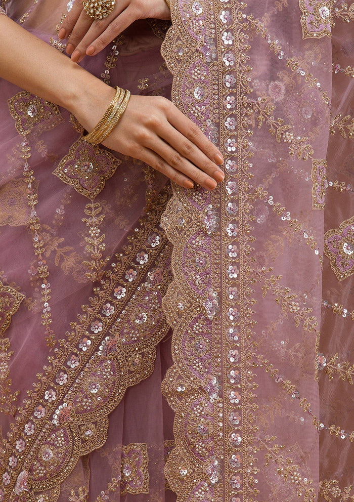 Fashion Cave Lavender Stonework Net Saree