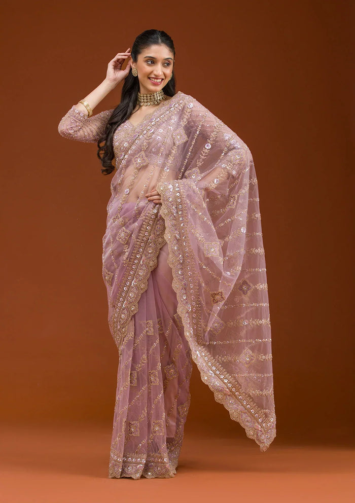 Fashion Cave Lavender Stonework Net Saree