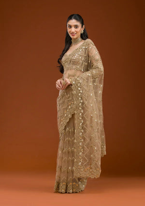Fashion Cave Beige Stonework Net Saree