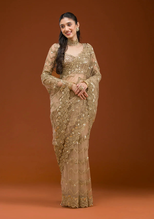 Fashion Cave Beige Stonework Net Saree
