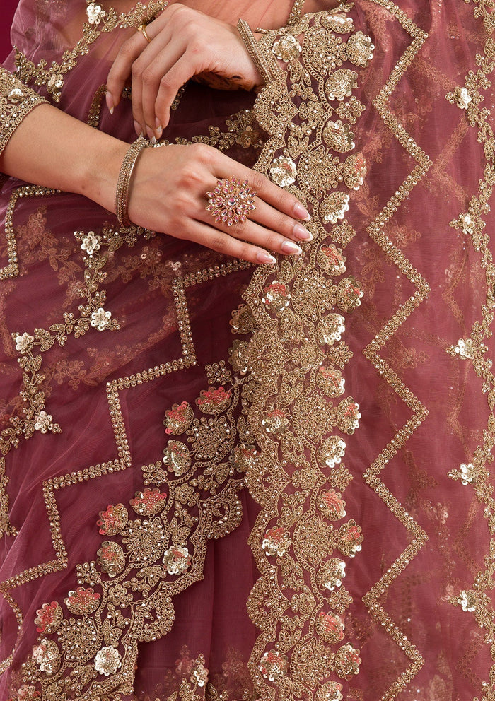 Fashion Cave Mauve Stonework Net Saree
