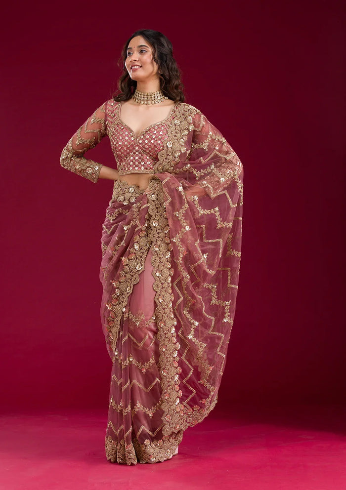 Fashion Cave Mauve Stonework Net Saree
