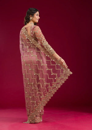 Fashion Cave Mauve Stonework Net Saree