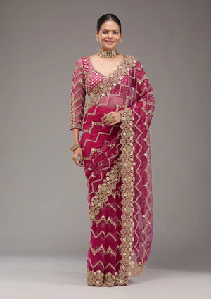Fashion Cave Rani Pink Stonework Net Saree