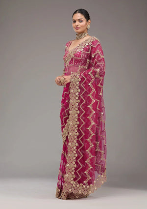 Fashion Cave Rani Pink Stonework Net Saree