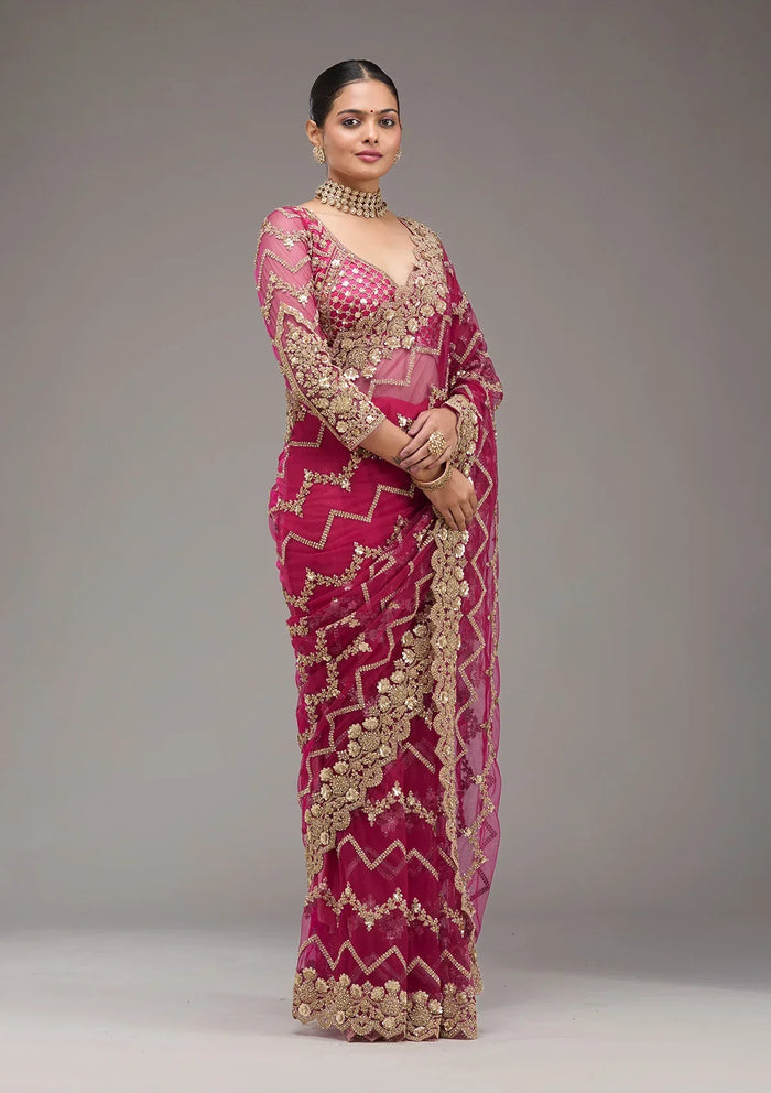Fashion Cave Rani Pink Stonework Net Saree