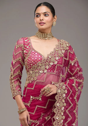 Fashion Cave Rani Pink Stonework Net Saree