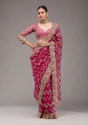 Fashion Cave Rani Pink Stonework Net Saree
