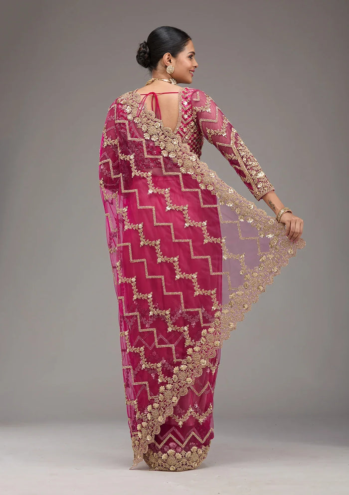 Fashion Cave Rani Pink Stonework Net Saree
