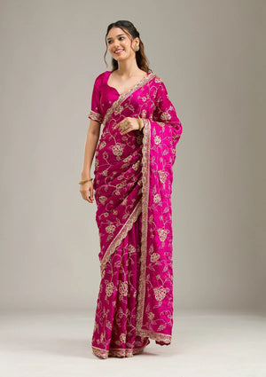 Fashion Cave Magenta Pink Cording Chinon Saree