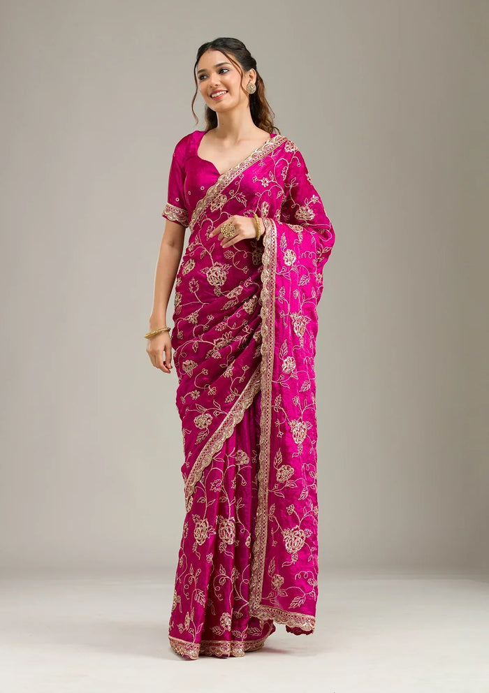 Fashion Cave Magenta Pink Cording Chinon Saree