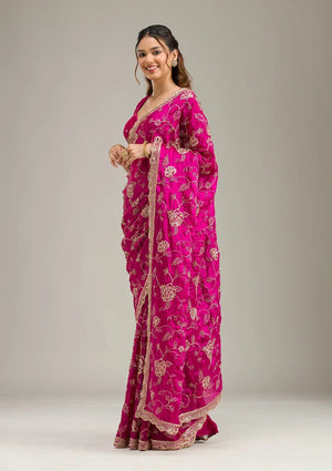 Fashion Cave Magenta Pink Cording Chinon Saree